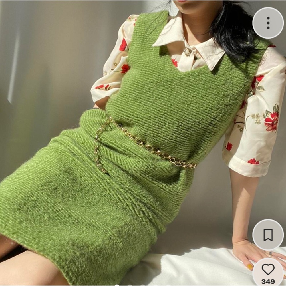 William Okpo green textured dress and Steve Madden Chain Belt